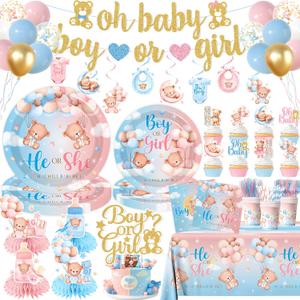 Teddy Bear Gender Reveal Decorations, 182Pcs Boy or Girl Gender Reveal Decorations Include Pink Blue Bear Plates Napkins Tablecloth, He Or She Party Supplies for Baby Shower, Serve 24