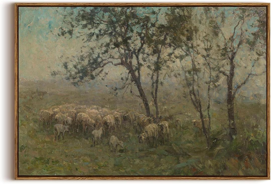 KISSFOX Framed Vintage Landscape Wall Art Natural Scenery Canvas Prints Colorful Painting Artwork Rustic Farmhouse Pictures Decor Living Room Office Bedroom Bathroom Kitchen (24x36 in, Shepherding)