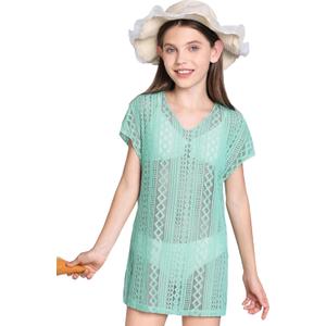 Milumia Girl's Crochet Coverup Cut Out V Neck Short Sleeve Sheer Swimsuit Cover Ups Green 7 Years