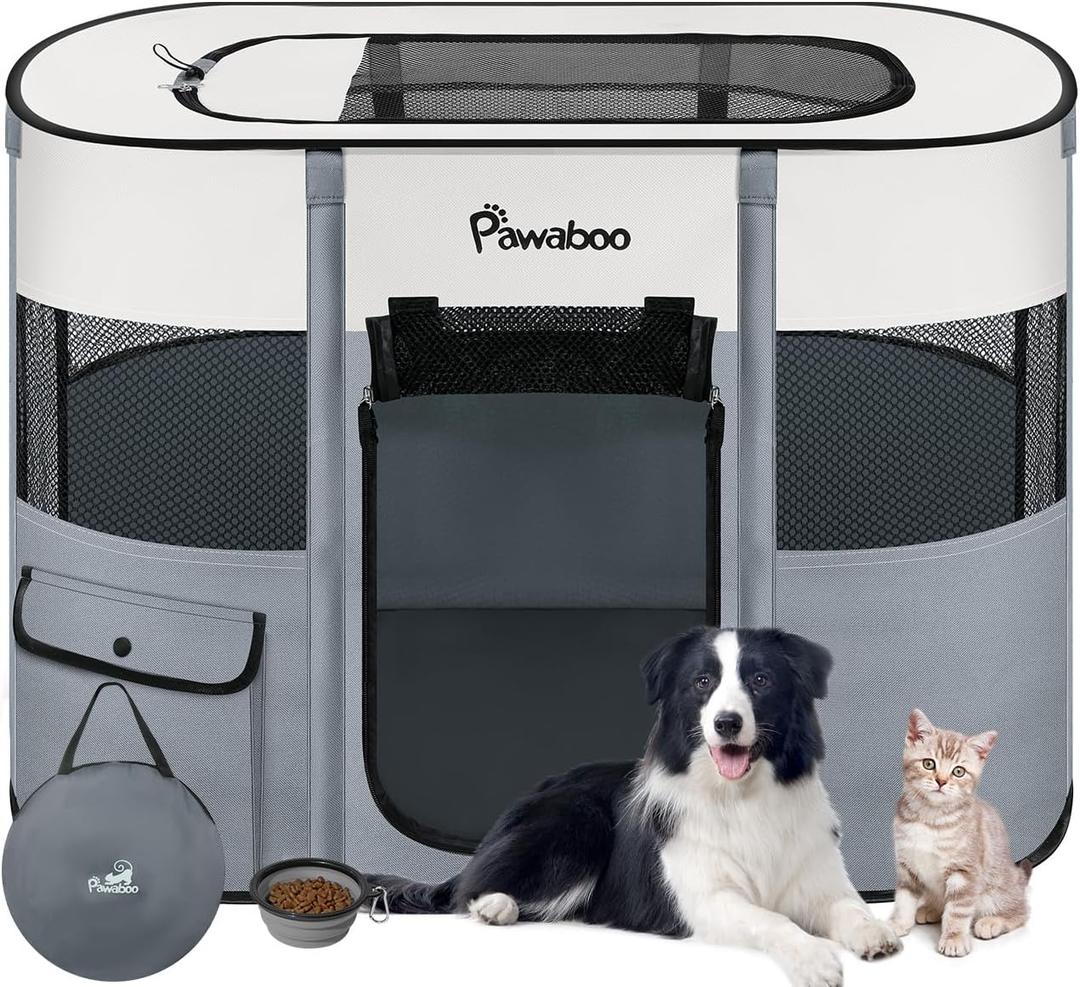 Dog Playpen, Portable Pet Playpen Cat PlayPen, 600D Oxford Dog Kennel Tent Crate, Waterproof&Breathable, Indoor Outdoor Travel Camping Use for Medium/Large Breed with Carrying Case+Folding Bowl,M,Gray (Medium(32"x24"x22"))