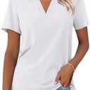 ORANDESIGNE Women's Short Sleeve V Neck Polo Shirts Summer Collared Tops Casual Loose Tees Tops (X-Large, White)
