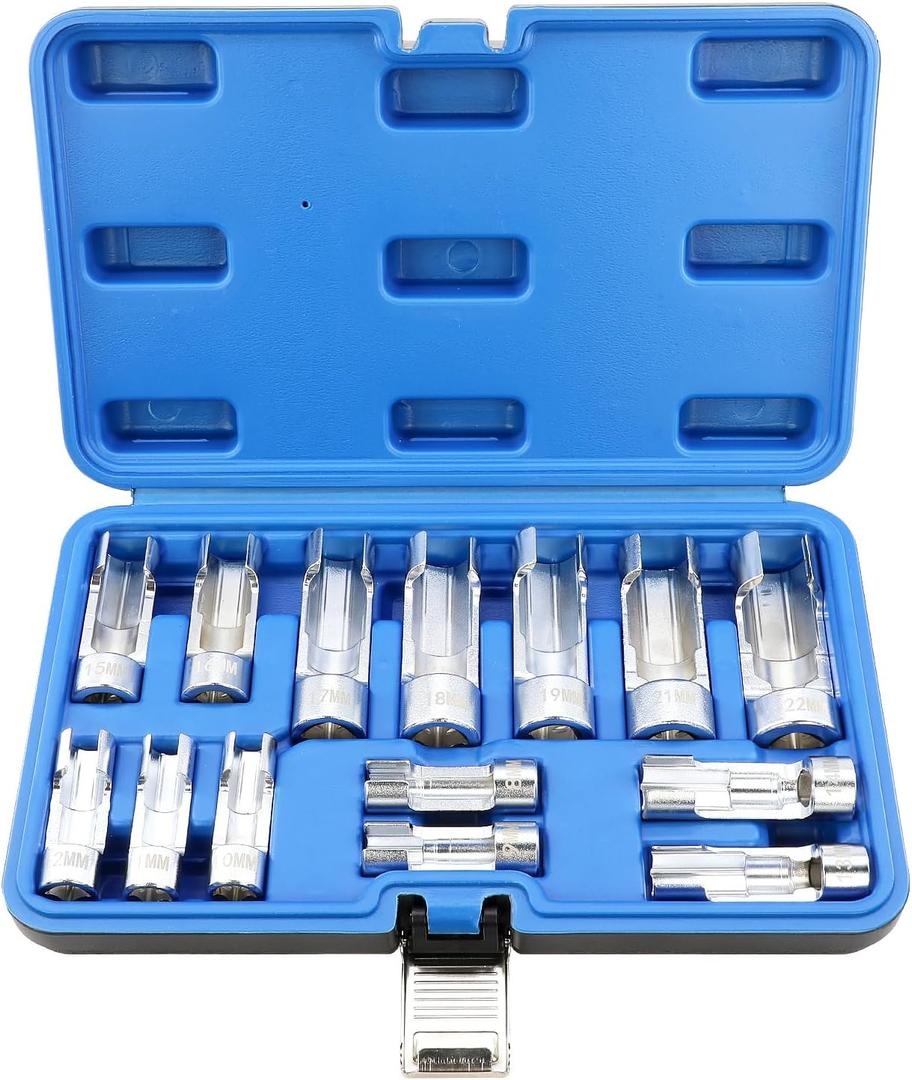DPTOOL 3/8" 1/2" Drive Diesel Injector Fuel Line Socket Wrench Set, Metric 8-22mm Flare Nut Socket Set, 14 piece 5-Point Avoid Wire Nut Removal Tool for Wired Temperature Sensor, Thermo Switch, etc