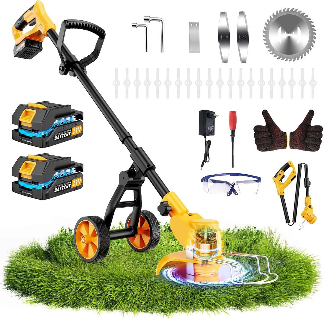 Electric Weed Wacker Cordless with Wheels,Electric Weed Eater Battery Powered,4 in 1 Grass Trimmer/Brush Cutter/Grass Edger/Small Lawn Mower,No String Trimmer with Metal Blade,2 Battery (Yellow), Medium