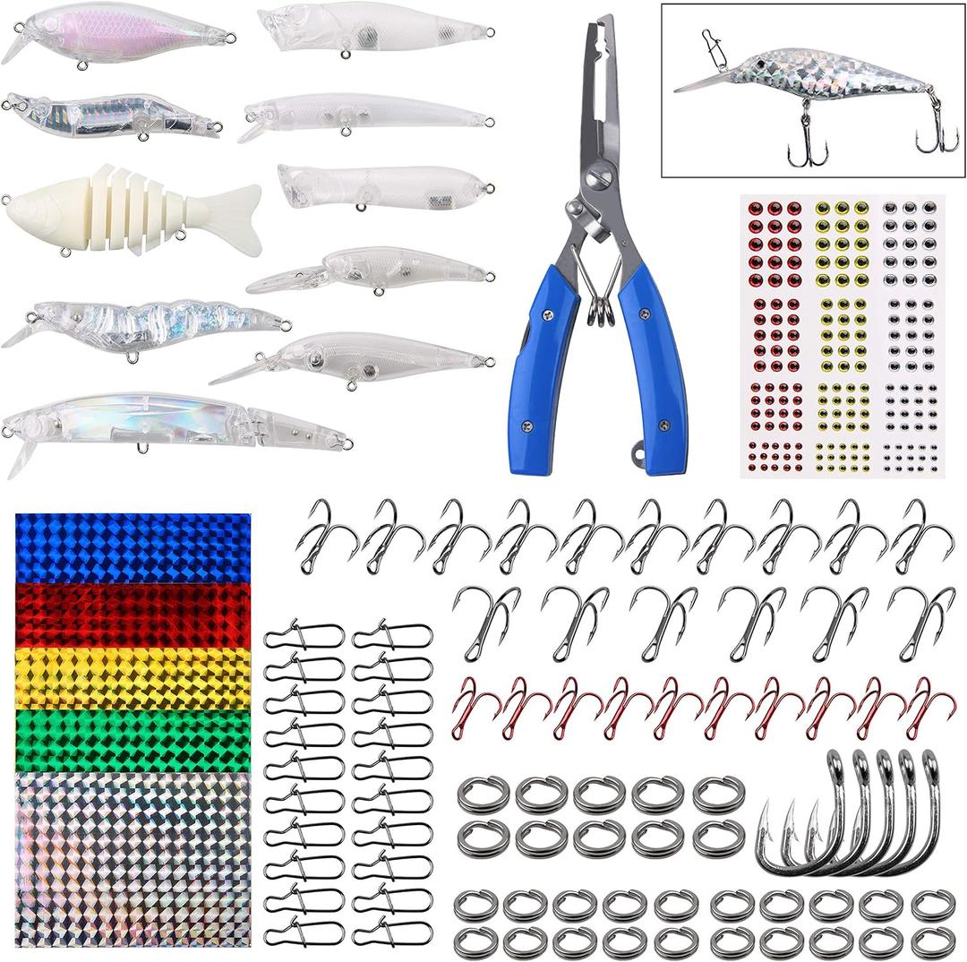 Blank Fishing Lure Making Kit 280PCS DIY Fishing Lure Kit Unpainted Swimbait Crankbaits Minnow Hard Lures Treble Hooks Fishing Pliers Eyes Stickers Make Your Own Fishing Lures