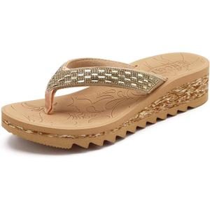 ONCAI Women's Wedge Flip Flops with Rhinestone，Recovery Dressy Walking Sandals for Women with Comfortable Arch Support Cushion Yoga Mat Summer Rubber Soles(US Size 5-11) (Beige)