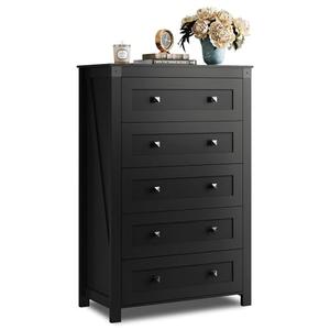 WLIVE Farmhouse 5 Drawer Dresser for Bedroom, Wood Dresser Storage Organizer, Tall Black Dressers with Double Rustic Handle, Chest of Drawers for Living Room, Hallway, Closet