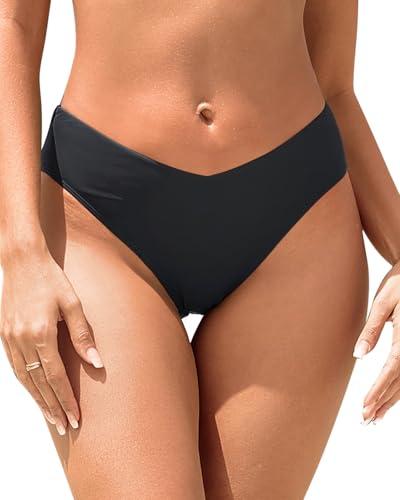 Tempt Me Women Mid Waist Bikini Bottoms - Black V Cut Front Swim Bottoms High Cut Cheeky Bathing Suit Bottoms Brazilian Swimsuits 2025 XL