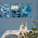 Arjun Blue Abstract Butterfly Canvas Wall Art Water Lily Painting Zen Stones White Lotus Flower Teal Turquoise Pictures Framed for Living Room Bedroom Bathroom Spa Salon Home Office Wall Decor (12"x16"x3 Panels)