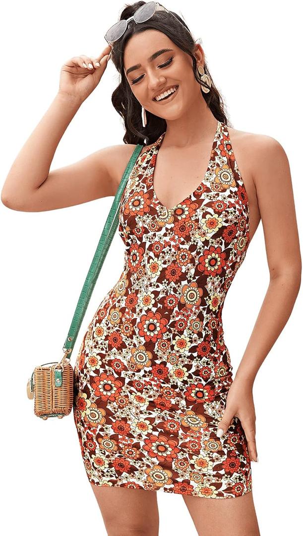 Floerns Women's Sleeveless Halter Backless Tie Back Floral Bodycon Mini Dress Brown Multi S