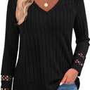 PRETTYGARDEN Women's Long Sleeve Shirts Ribbed Knit V Neck Tee Dressy Casual Blouses Going Out Tunic Tops 2026 Fall Outfits (Black, XL)
