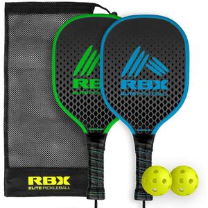 RBX Pickleball Equipment Set (2 Pack 2 Paddles, 2 Balls) Pickleball Game for Kids Premium Wooden Paddles, Ergonomic Grip Design, Durable, X-40 Outdoor Balls (Blue/Green Frame)