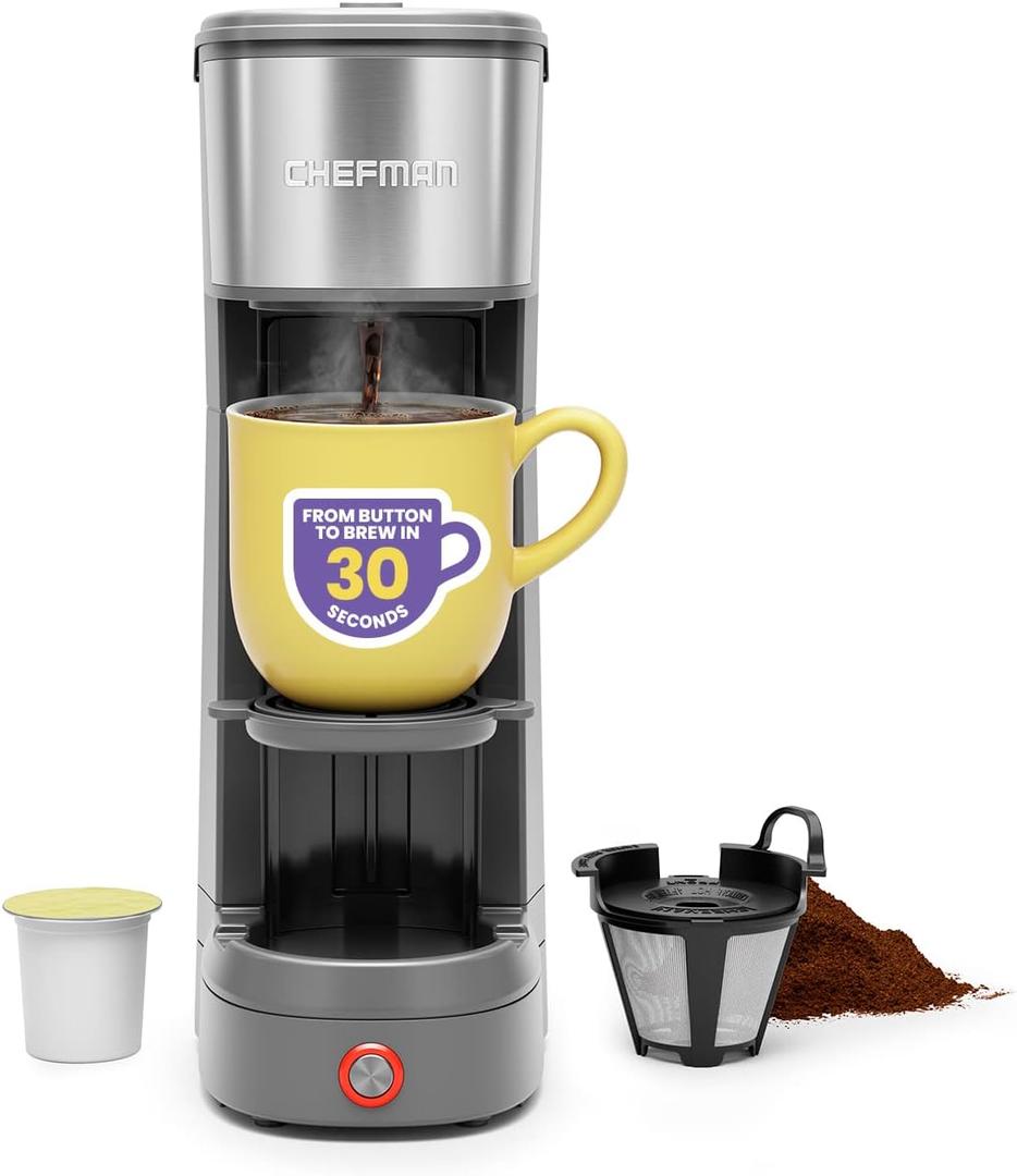 Chefman InstaCoffee Max, The Easiest Way to Brew the Boldest Single-Serve Coffee, Use Fresh And Flavorful Grounds or K-Cups With A Convenient Built-In Lift, Grey