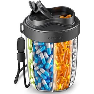 2 x Large Pill Organizer with 7 Large Compartments - Portable Pill Dispenser for Travel, Anti-Mix Design & Wide Opening Design, Easy Access to Vitamin Dispenser, Includes 20 Blank Stickers (Black)
