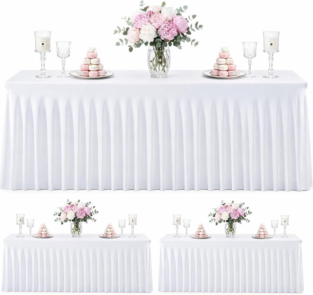 3 Pack White Stretch Spandex Tablecloths, 6ft Fitted Rectangle Table Cover with Skirt, Wrinkle Free Polyester Table Cloth for Wedding, Party, Banquet, Baby Shower, Christmas, 6ft Rectangle Spandex Tablecloths-3pcs