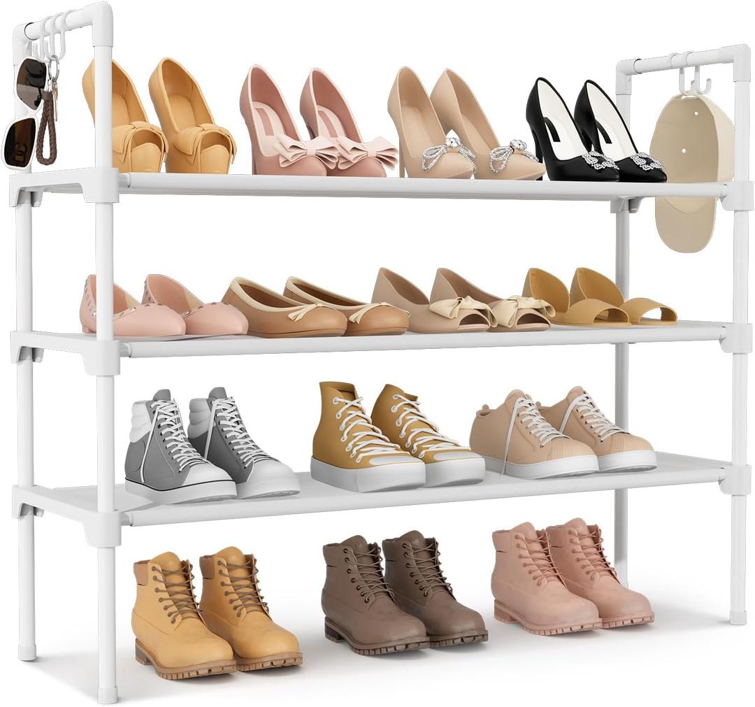 LANTEFUL 3 Tier Shoe Rack for Closet, Shoe Organizer with 5 Hooks, Long Shoe Shelf Storage for Shoe and Boot Stackable Free Standing Shoe Rack for Entryway, Garage, Small Spaces, Dorm, White