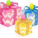 Timer & 8 Mode 3 Pack Easter Decorations, Pink Blue Yellow Easter Lighted Gift Boxes with Eggs Glitter Bow 60 LED Battery Operated Present Box, Easter Decor Spring Party Indoor Outdoor Home