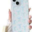 Lovmooful Compatible for iPhone 15 Plus Case Clear Cute Bowknot Heart with Four Corners Shockproof Design for Girls Women Soft TPU More Protective Girly for iPhone 15 Plus Case-Blue Bow