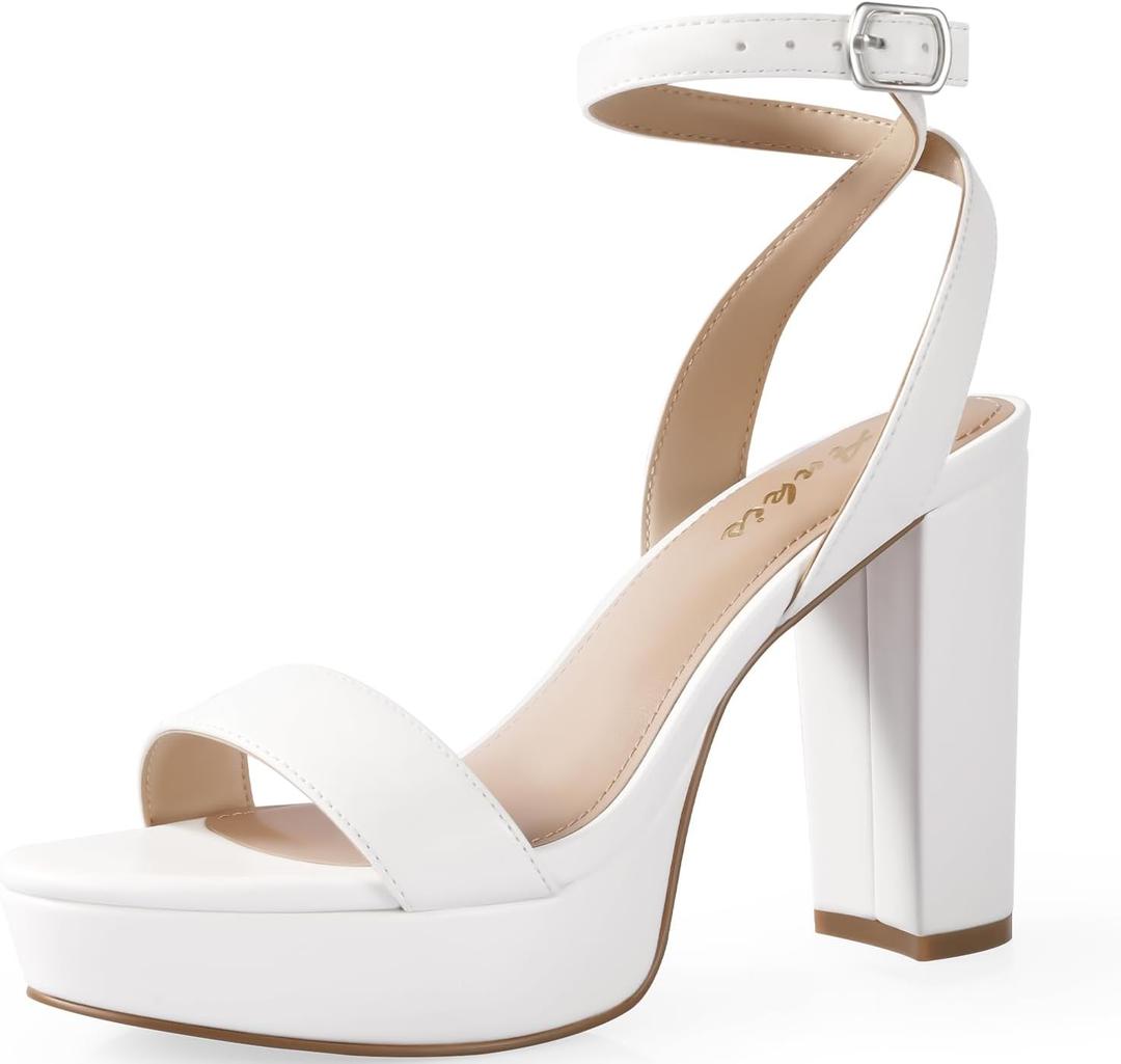 Ankis Platform Heels for Women 4 Inches Chunky Heels Sandals for Women Comfy Open Toe Block Heeled Sandals Nude White Silver Gold Black Ankle Strappy Heels (White) 7.5