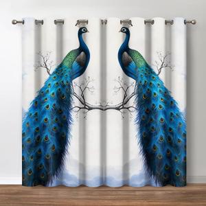 Jekeno Peacock Blackout Curtains, Retro Floral Elegant Decor, Vintage Moonlight Feather Flower Theme Grommet Window Drapes for Bedroom Living Room, 52 Wide 63 Long inches 2 Panels