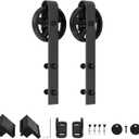 WINSOON Black Antique Hangers Rollers Kit Include Floor Guide/Door Stoppers/Screw/Anti-Jump Block, Sliding Barn Door Hardware Hangers Rollers 2pcs (J Shape Bending Design)