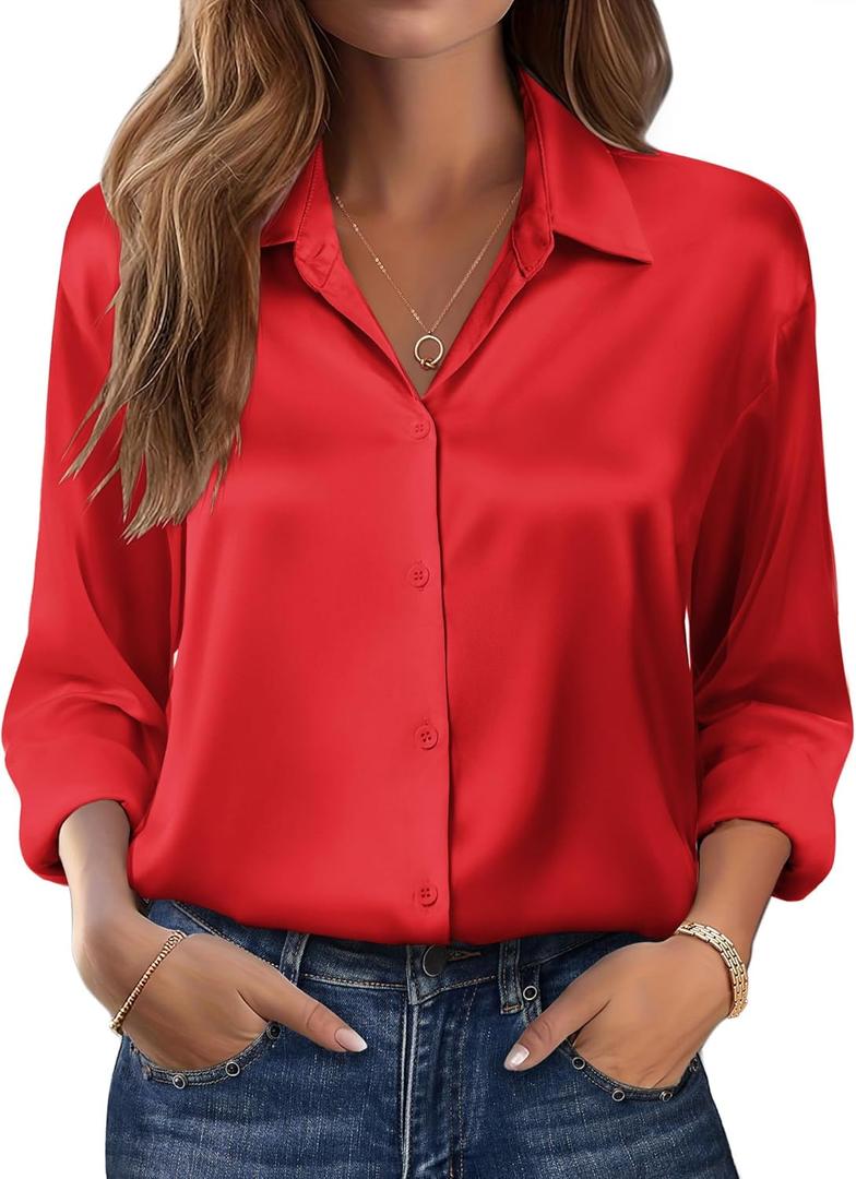 Zeagoo Womens Tops Long Sleeve Satin Silk Button Down Shirts Casual Business Dressy Blouses Fall Clothes (Small, Red)