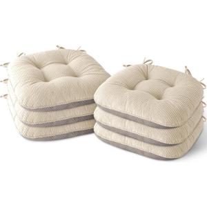 Indoor Dining Chair Cushions Set of 6 Kitchen Chair Pads with Ties Tufted Seat Cushion with Anti-Slip Backing 17"X16"X3" Cream