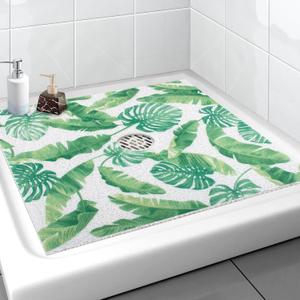 Square Shower Mat, Yonala 32 x 32 Inch Stylish Non Slip Shower Mats for Inside Shower with Central Drain Hole, Soft Trimmable PVC Loofah Anti Slip Shower Mat for Walk in Shower Stall, Quick Drying