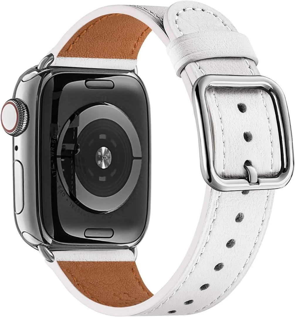 MNBVCXZ Compatible with Apple Watch Band 38mm 40mm 41mm 42mm 44mm 45mm 46mm 49mm Women Men Genuine Leather Replacement Strap for iWatch Series 11 10 9 8 7 6 5 4 3 2 1 SE Ultra (White/Silver)