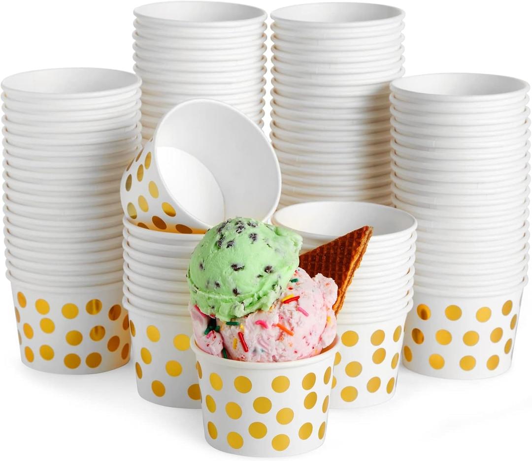 Juvale 100 Pack Paper Ice Cream Cups, 8 oz Disposable Dessert Bowls for Frozen Yogurt, Sundae Bar, Party Snacks and Treats, Gold Foil Polka Dot Design
