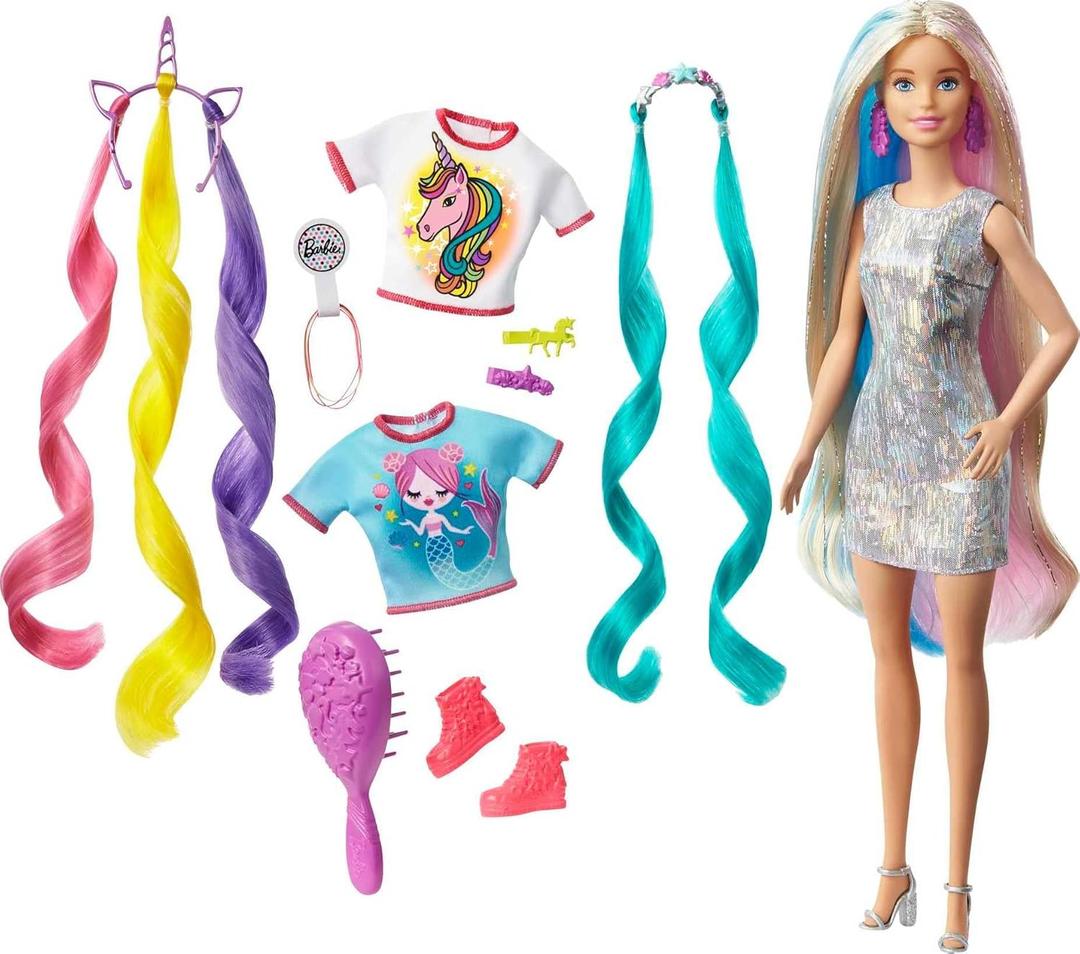 Barbie Fantasy Hair Doll & Accessories, Long Colorful Blonde Hair with Mermaid & Unicorn-Inspired Clothes
