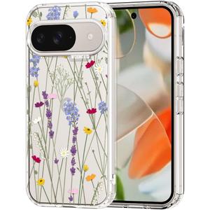 MOSNOVO Case for Google Pixel 9 & Pixel 9 Pro, [Buffertech 6.6ft Military-Grade Drop Protection] [Anti Peel Off Tech] Clear TPU Bumper Phone Case Cover Design - Floral Garden