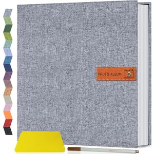 Popotop Large Photo Album Self Adhesive 4x6 5x7 8x10 Scrapbook Album DIY Picture Book,Gifts for Mom,Family Baby and Wedding,with Metal Pen and Plastic Board (Grey)