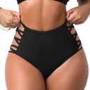 Women Sexy Bikini Bottoms Lace Strappy Sides High Waisted Retro Bathing Suit Underwear Swimsuit (Black, Medium)