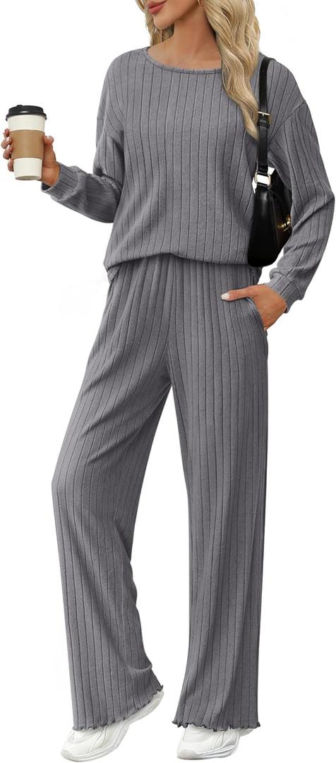 Ekouaer Lounge Sets for Women Comfy Ribbed Knit Pajamas Fall Long Sleeve Sleepwear 2 Piece Casual Loungewear, XL (Grey)