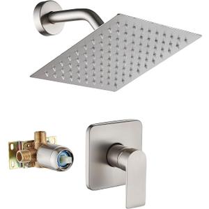 Brushed Nickel Shower Faucet Single Function Trim Kit with Rough-in Valve Set Bath Rainfall Shower System 8inch Square Stainless Steel Metal Shower Head