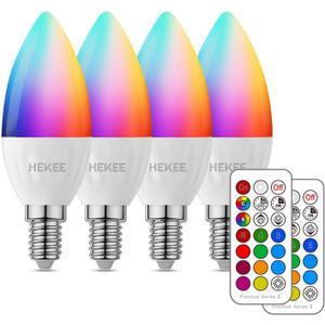 HEKEE E12 LED Candelabra Light Bulbs, Color Changing Candle, B11 40W Incandescent Equivalent, 450 Lumen, RGB + 2700K Warm White, 5Watt, 12 Colors, 2 Modes, Timer, Remote Control(4 Pack)