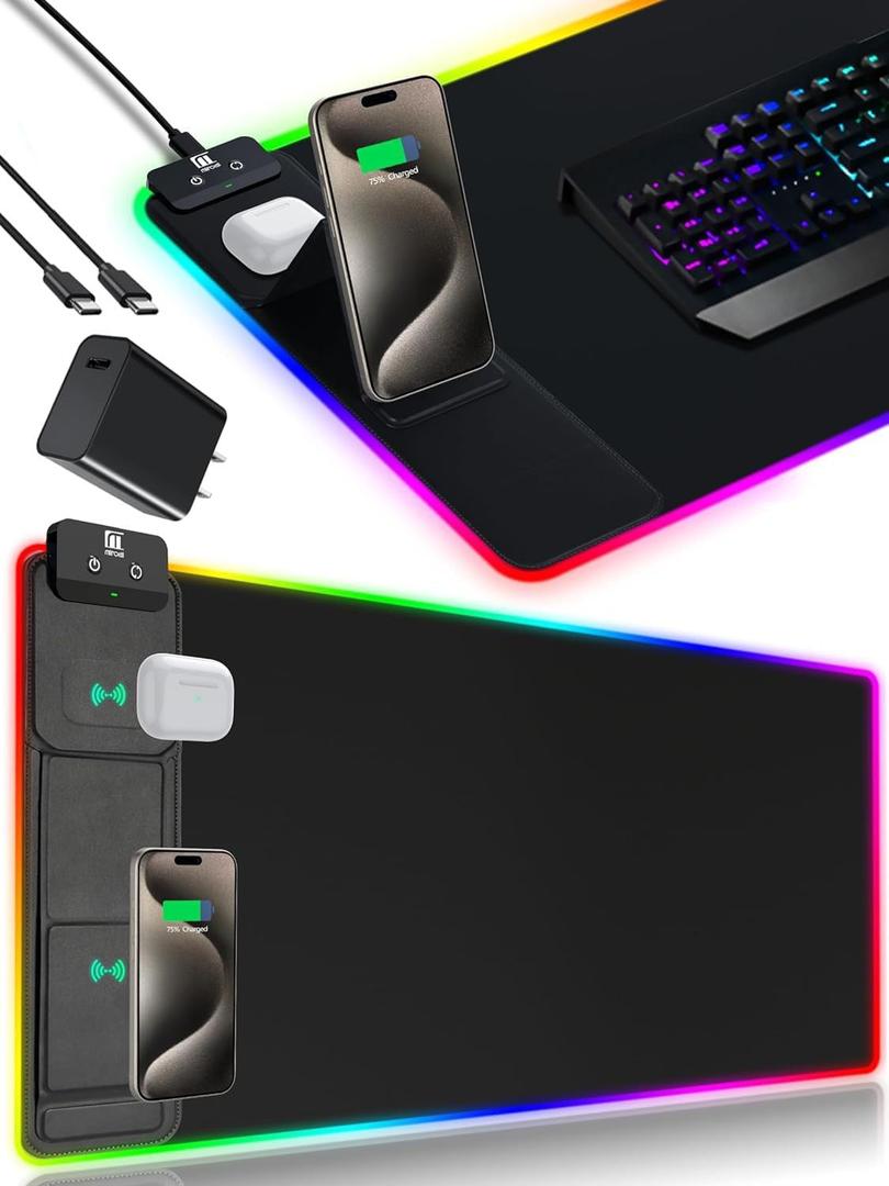 XXL Mouse Pad with Phone Holder, RGB Desk Mat with 15W Fast Charging, LED Large Gaming Mouse Pad with 11 Lights Colors, Long Mouse Pads, Waterproof Non-Slip Desk Pad for Gamer Esports Pros (31.5x15.75"Phone Stand-Black w/PD Charger)