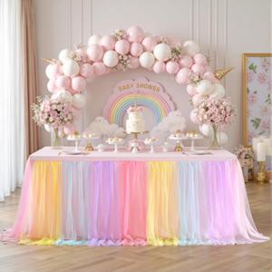 6 Pack 8ft Rainbow Tulle Tablecloths for Rectangle Tables, 8 Foot Rainbow Rectangular Table Cloth Wrinkle Free Tablecover with Tutu Skirt for Baby Shower Girls Birthday Party Banquet Buffet Cake