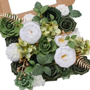 Serwalin Artificial Flowers Green Real Looking Fake Roses Silk Flowers with Stems for DIY Wedding Bouquets Out/Indoor Centerpieces Flowers Decor Arrangements Party Baby Shower Home Cake Decor  A Emerald Green, 1 Box