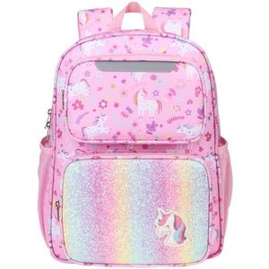 BrainyBees Kids Backpack for Girls - 15 Inch Unicorn Backpack for Kids 3 to 8, School Bookbag for Preschool Kindergarten and Elementary 1st 2nd, Insulated Pocket and Reflective Stripe, Pink Unicorn