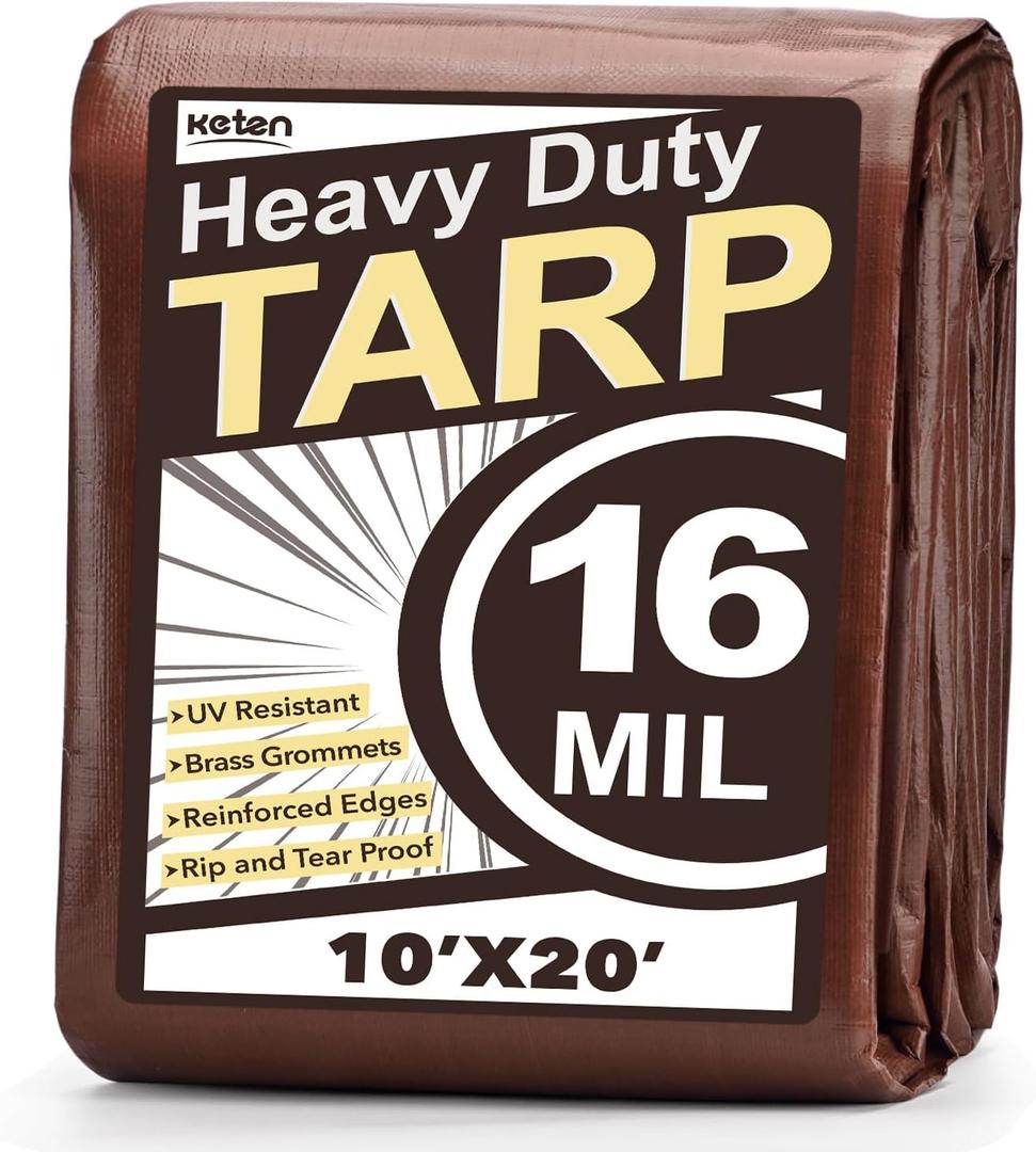 Keten Tarps Heavy Duty Waterproof 10X20 Feet, Extra Thick 16 Mil, Tear & Fade Resistant, 100% UV Blocking, Outdoor Tarp with Reinforced Grommets for Roof, Camping, Patio, Pool, Boat (Brown/Silver)