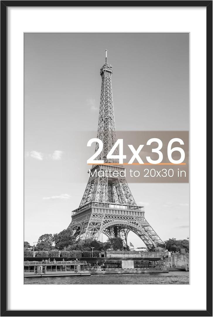 upsimples 24x36 Poster Frame, Display Pictures 20x30 with Mat or 24 x 36 Without, Wall Hanging Picture Frames, Black, 1 Pack