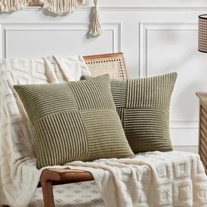 Fancy Homi 2 Packs Olive Green Big Decorative Throw Pillow Covers 24x24 Inch for Living Room Couch Bed, Rustic Farmhouse Boho Home Decor, Soft Corss Corduroy Patchwork Accent Cushion Case 60x60 cm