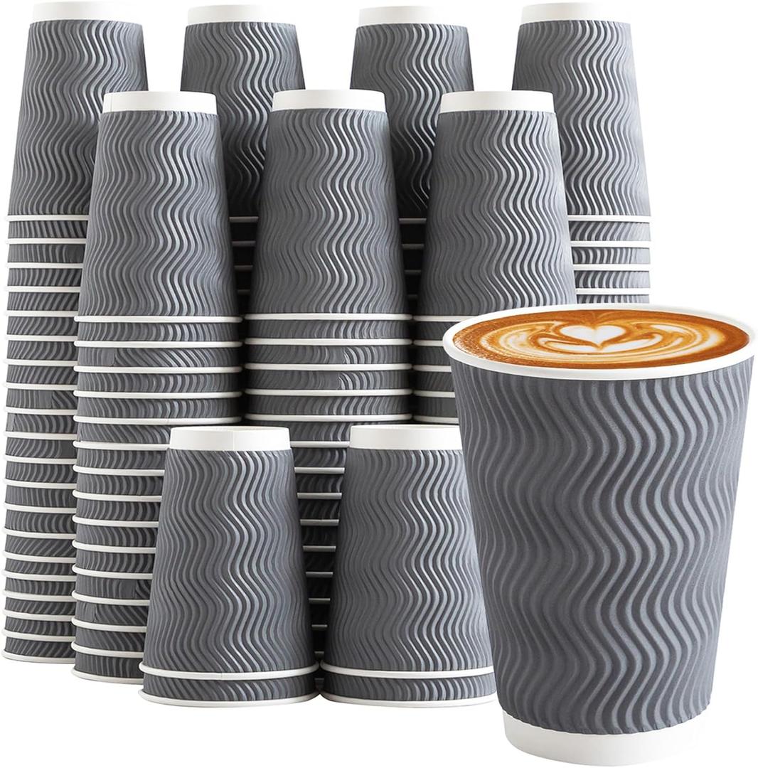 Clawsoff Coffee Cups 12 oz 120 Pack, Corrugated Insulated Ripple Wall Disposable Paper Coffee Cups 12oz, To Go for Hot Beverage or Cold Drinks Office/Home/Cafe/Party/Travel (Gray) | Corrugated, Insulated, Ripple Wall, Disposable, 12oz, To Go