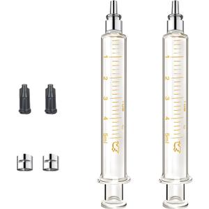 2Pack 5ml/cc Glass Syringe With Metal Luer Lock and Caps for Liquid, Borosilicate Glass Syringe for Oil or Glue Applicator,No Needle