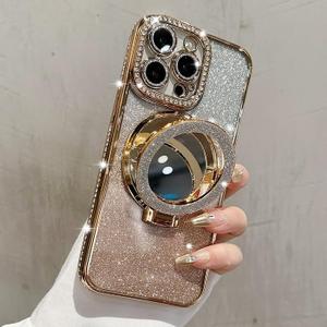 Mirror Kickstand Glitter Diamond Case for iPhone 15 14 13 12 Pro Max,Magnetic Stand Holder,Camera Lens Protector Compatible with Magsafe, Rhinesetone Bing Cover Case (Gold,for iPhone 16 Pro)