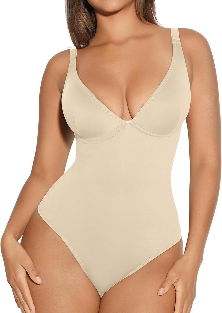 FeelinGirl Shapewear Bodysuits for Women Tummy Control Body Suits Deep V Neck Thong Body Shaper (X-Large, Beige)