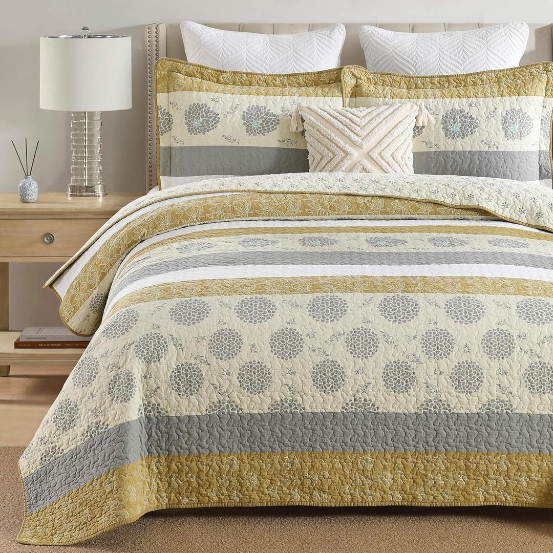 Homzard Quilt King Size-Comforter King Quilt Bedding Set,Mustard Yellow Beige Grey All Cotton Quilted Bedspread,Striped Floral Pattern Bedding Set,Lightweight Reversible 3 Piece,All Seasons (King (106"x98"))