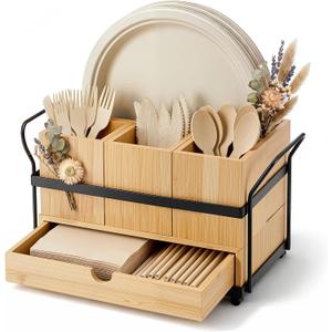 Qunclay Wooden Silverware Caddy with Drawer, Paper Plate Organizer Holder Dispenser for Party, Utensil Cutlery and Flatware Holder with 4 Compartments for Forks, Spoons, Napkins, Kitchen Countertop