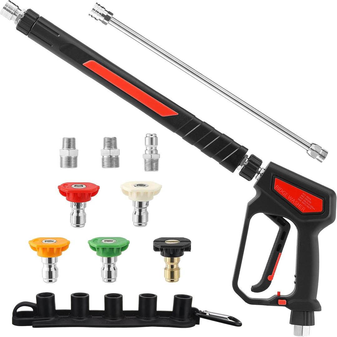 RIDGE WASHER Pressure Washer Gun 5000 PSI, 12 GPM, Power Washer Gun with Stainless Steel Extension Wand, Detachable M22 14 Male to 1/4" Quick Connect, 360 Swivel 3/8'' NPT Thread, M22 Fitting